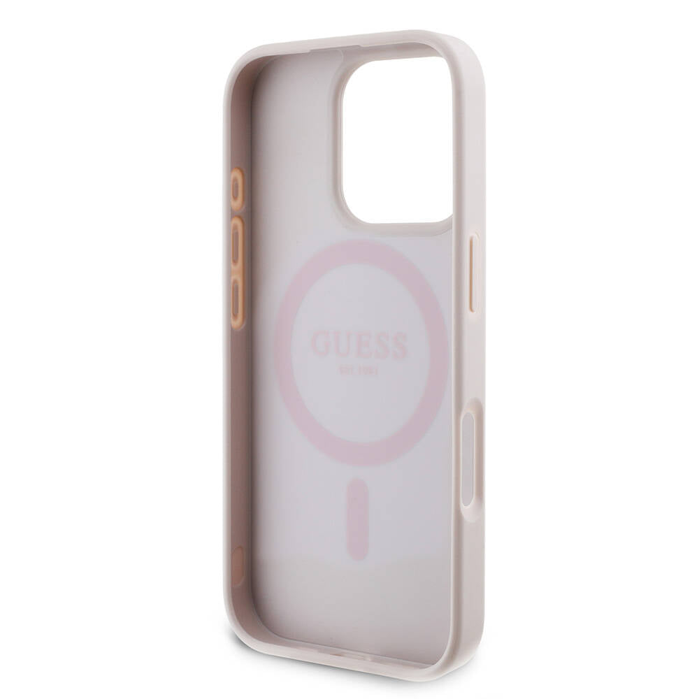 iPhone 16 Pro Kılıf Guess Orijinal Lisanslı M-safe Şarj Özellikli PU Deri 4G Desenli Taşlı Üçgen Logolu Kılıf