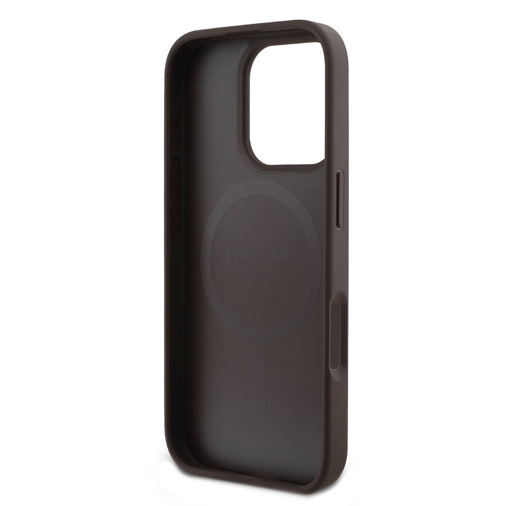 iPhone 16 Pro Kılıf Guess Orijinal Lisanslı M-safe Şarj Özellikli PU Deri 4G Desenli Taşlı Üçgen Logolu Kılıf
