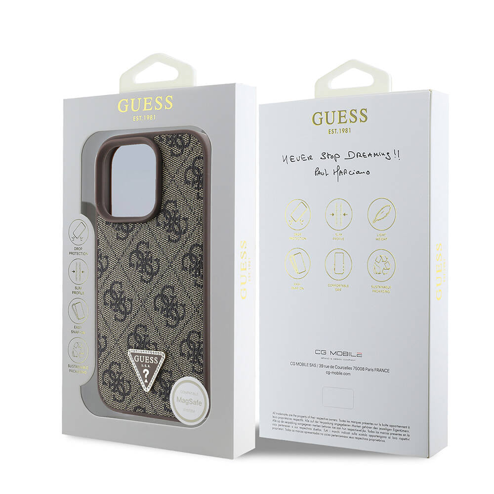 iPhone 16 Pro Kılıf Guess Orijinal Lisanslı M-safe Şarj Özellikli PU Deri 4G Desenli Taşlı Üçgen Logolu Kılıf