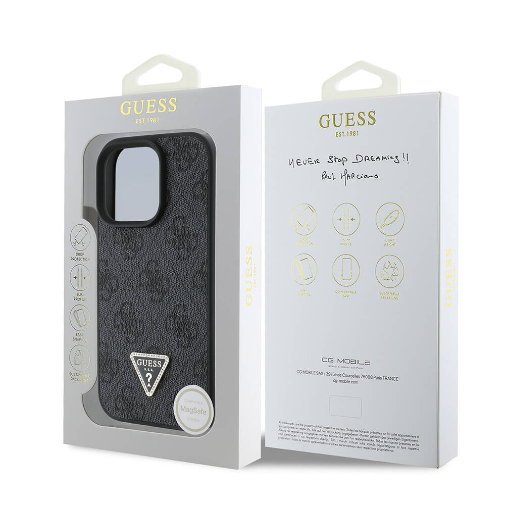 iPhone 16 Pro Kılıf Guess Orijinal Lisanslı M-safe Şarj Özellikli PU Deri 4G Desenli Taşlı Üçgen Logolu Kılıf