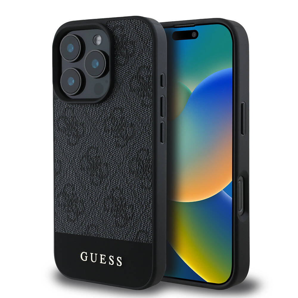 iPhone 16 Pro Kılıf Guess Orijinal Lisanslı M-safe Şarj Özellikli PU Deri Şerit Logo Dizaynlı Kılıf