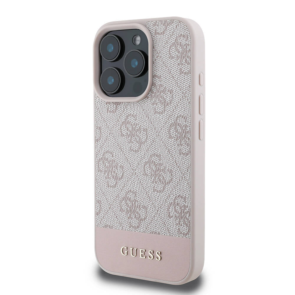 iPhone 16 Pro Kılıf Guess Orijinal Lisanslı M-safe Şarj Özellikli PU Deri Şerit Logo Dizaynlı Kılıf