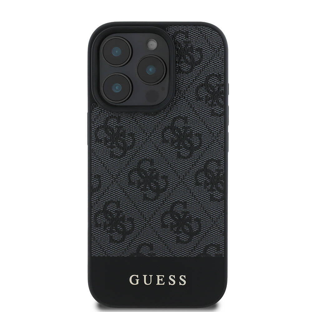 iPhone 16 Pro Kılıf Guess Orijinal Lisanslı M-safe Şarj Özellikli PU Deri Şerit Logo Dizaynlı Kılıf