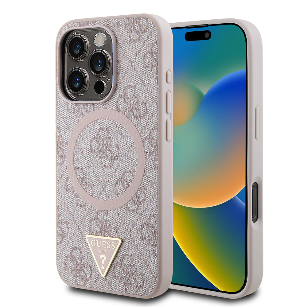 iPhone 16 Pro Kılıf Guess Orijinal Lisanslı M-safe Şarj Özellikli PU Üçgen Logo 4G Desenli Kılıf