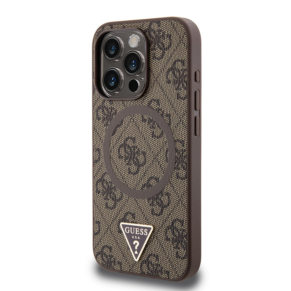 iPhone 16 Pro Kılıf Guess Orijinal Lisanslı M-safe Şarj Özellikli PU Üçgen Logo 4G Desenli Kılıf
