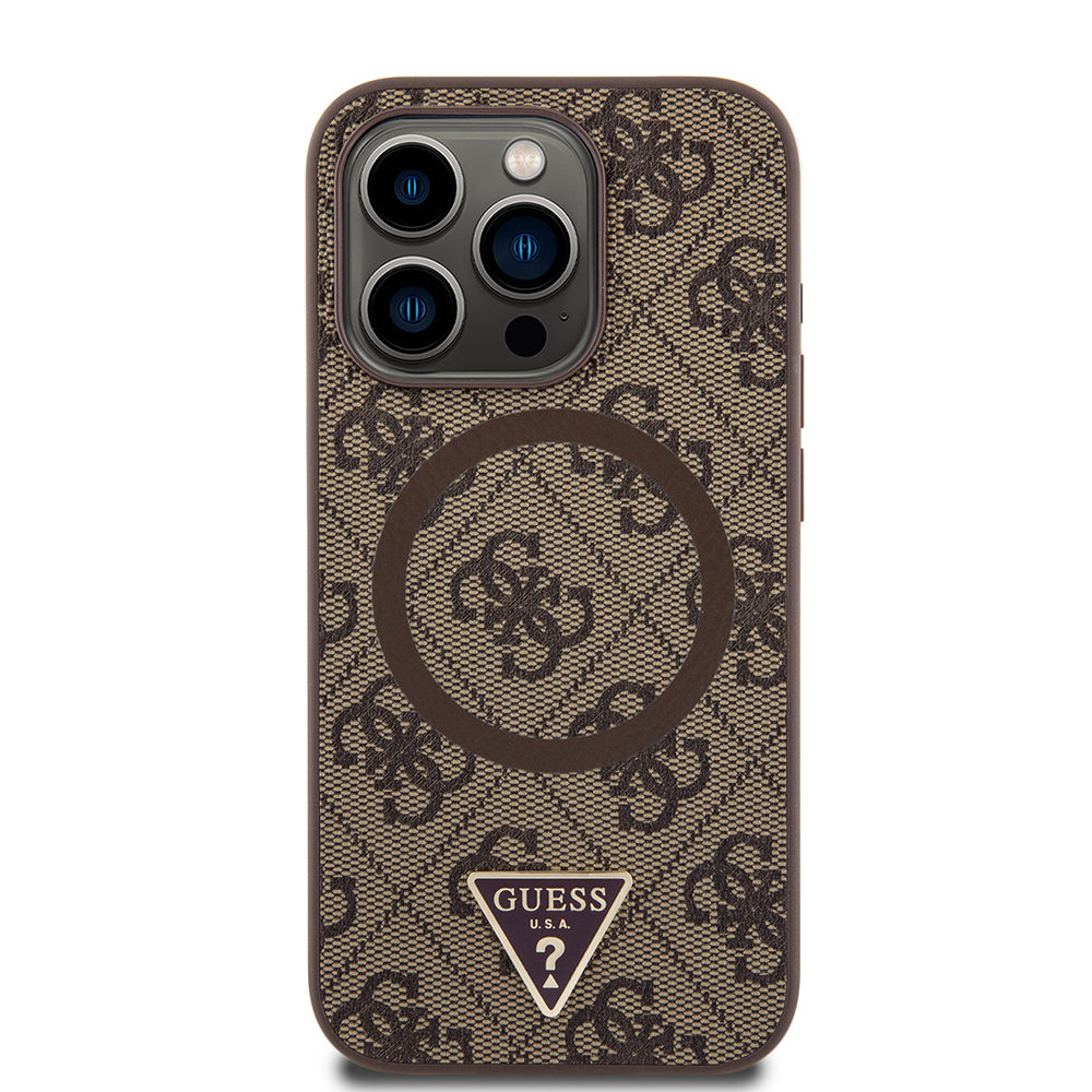 iPhone 16 Pro Kılıf Guess Orijinal Lisanslı M-safe Şarj Özellikli PU Üçgen Logo 4G Desenli Kılıf