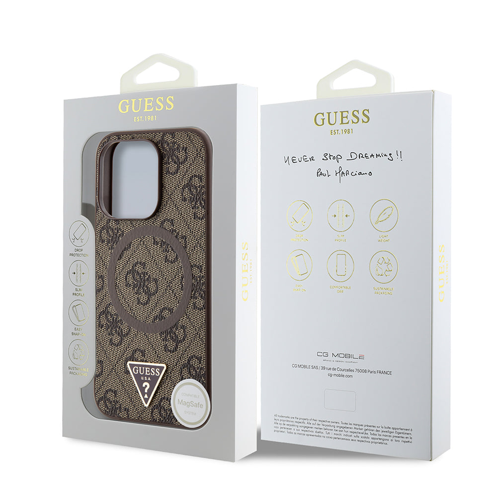 iPhone 16 Pro Kılıf Guess Orijinal Lisanslı M-safe Şarj Özellikli PU Üçgen Logo 4G Desenli Kılıf