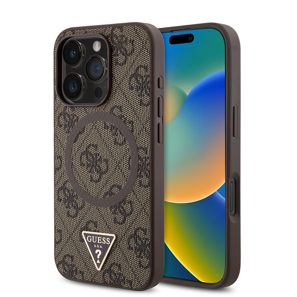 iPhone 16 Pro Kılıf Guess Orijinal Lisanslı M-safe Şarj Özellikli PU Üçgen Logo 4G Desenli Kılıf
