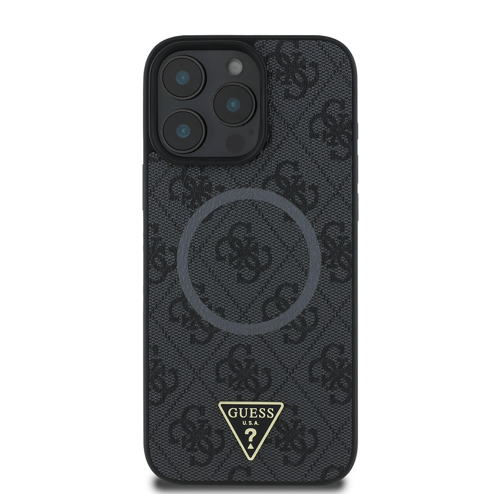 iPhone 16 Pro Kılıf Guess Orijinal Lisanslı M-safe Şarj Özellikli PU Üçgen Logo 4G Desenli Kılıf