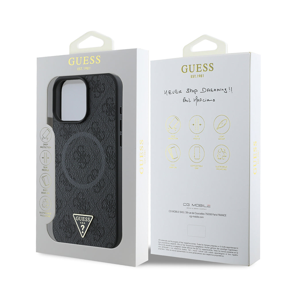 iPhone 16 Pro Kılıf Guess Orijinal Lisanslı M-safe Şarj Özellikli PU Üçgen Logo 4G Desenli Kılıf
