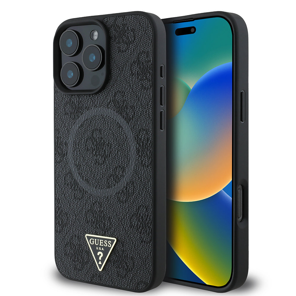 iPhone 16 Pro Kılıf Guess Orijinal Lisanslı M-safe Şarj Özellikli PU Üçgen Logo 4G Desenli Kılıf