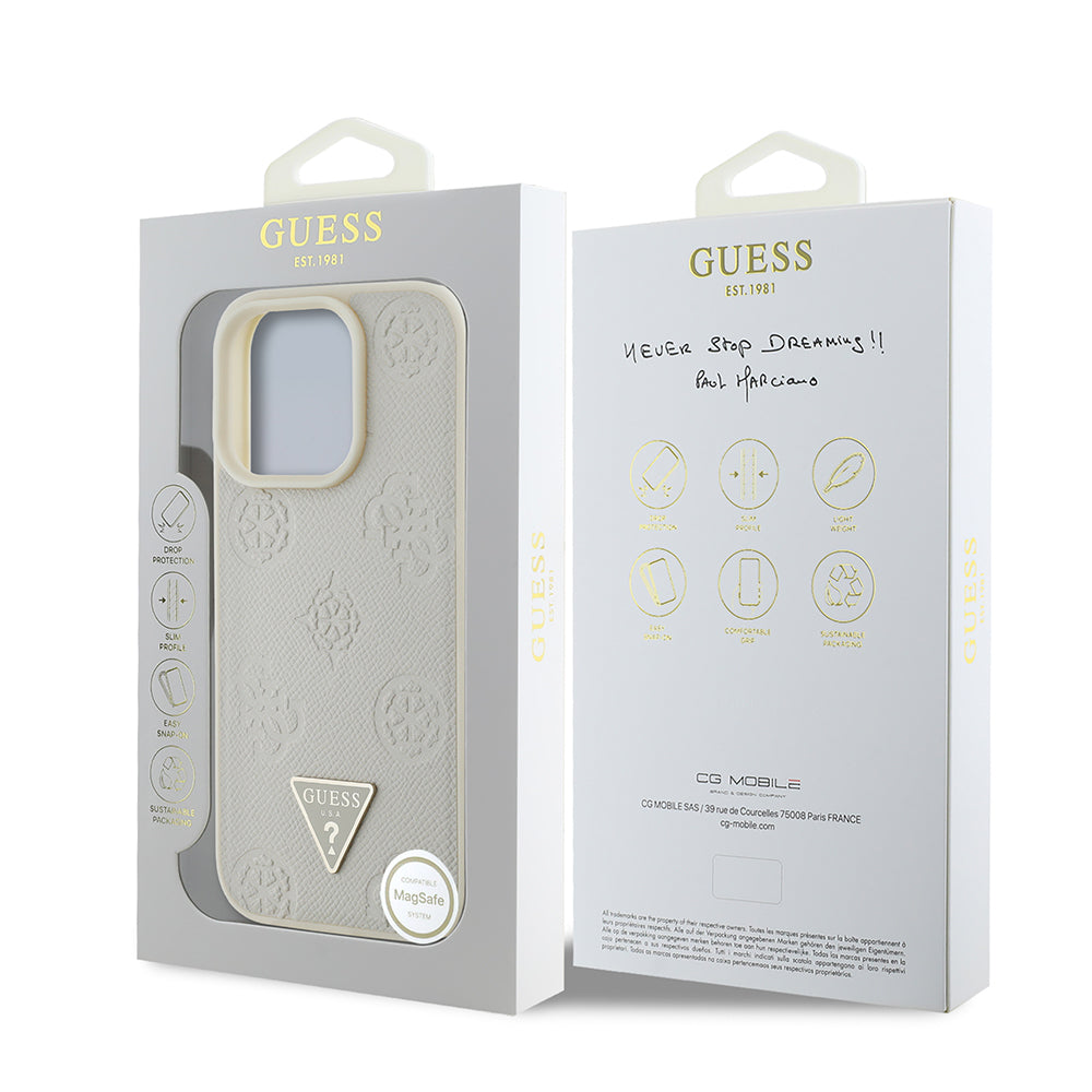 iPhone 16 Pro Kılıf Guess Orijinal Lisanslı M-safe Şarj Özellikli Sıcak Baskılı Üçgen Logolu PU Deri Peony Kılıf