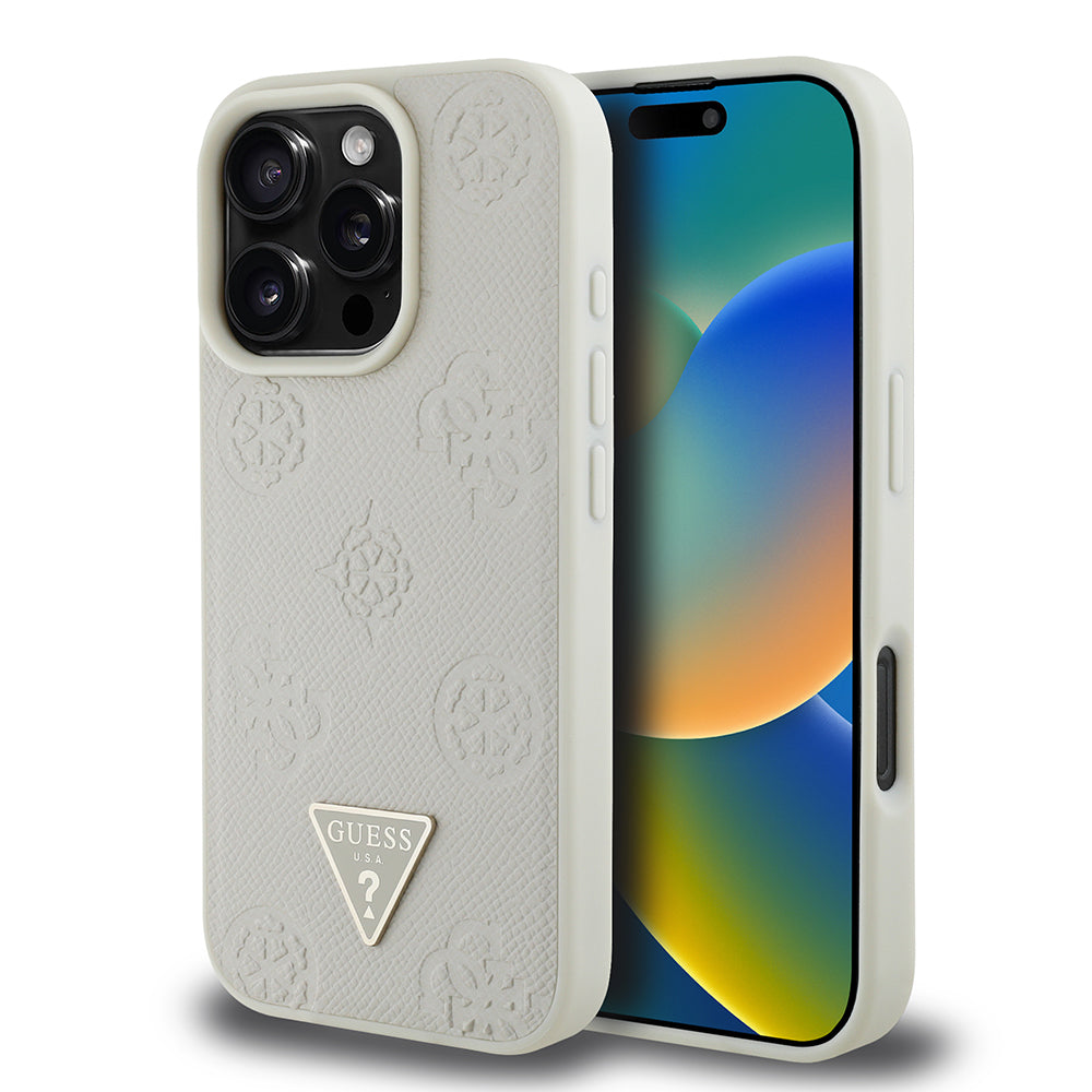 iPhone 16 Pro Kılıf Guess Orijinal Lisanslı M-safe Şarj Özellikli Sıcak Baskılı Üçgen Logolu PU Deri Peony Kılıf