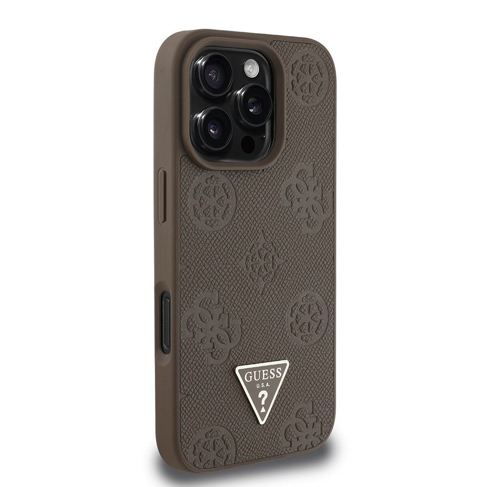 iPhone 16 Pro Kılıf Guess Orijinal Lisanslı M-safe Şarj Özellikli Sıcak Baskılı Üçgen Logolu PU Deri Peony Kılıf