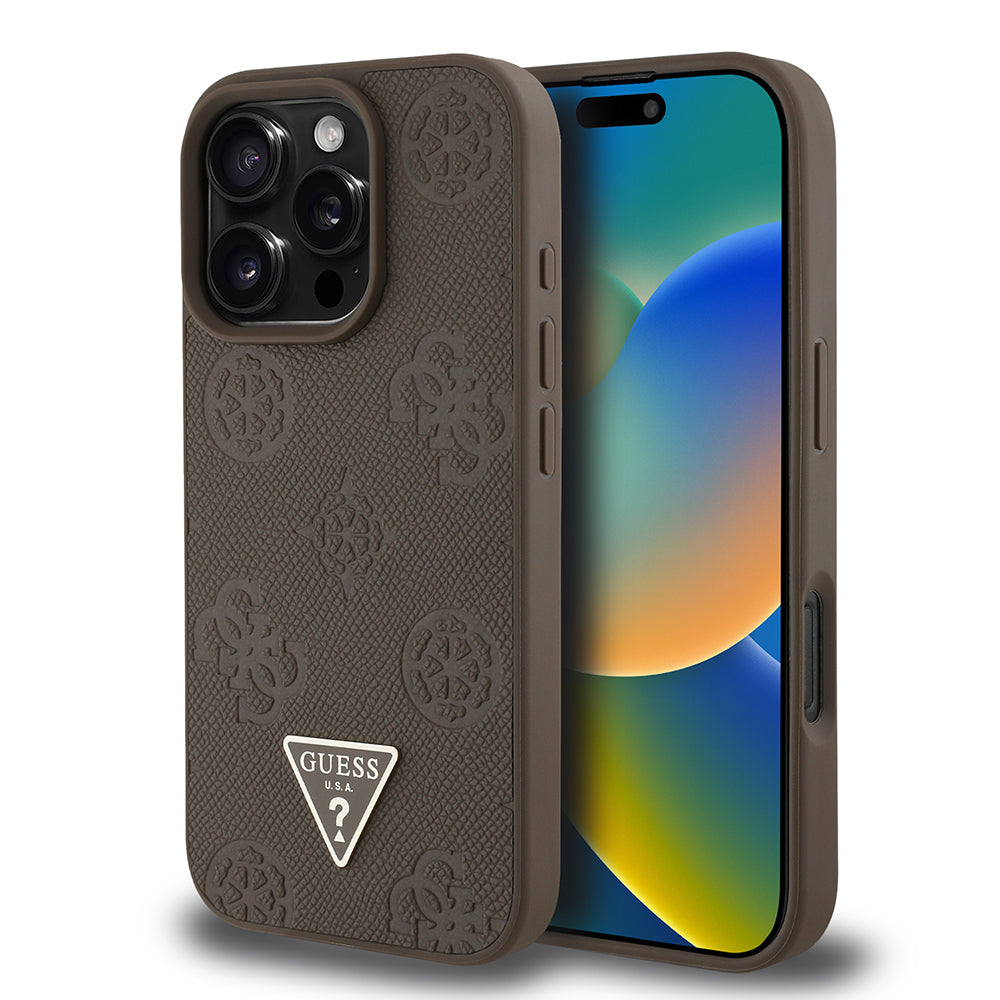 iPhone 16 Pro Kılıf Guess Orijinal Lisanslı M-safe Şarj Özellikli Sıcak Baskılı Üçgen Logolu PU Deri Peony Kılıf