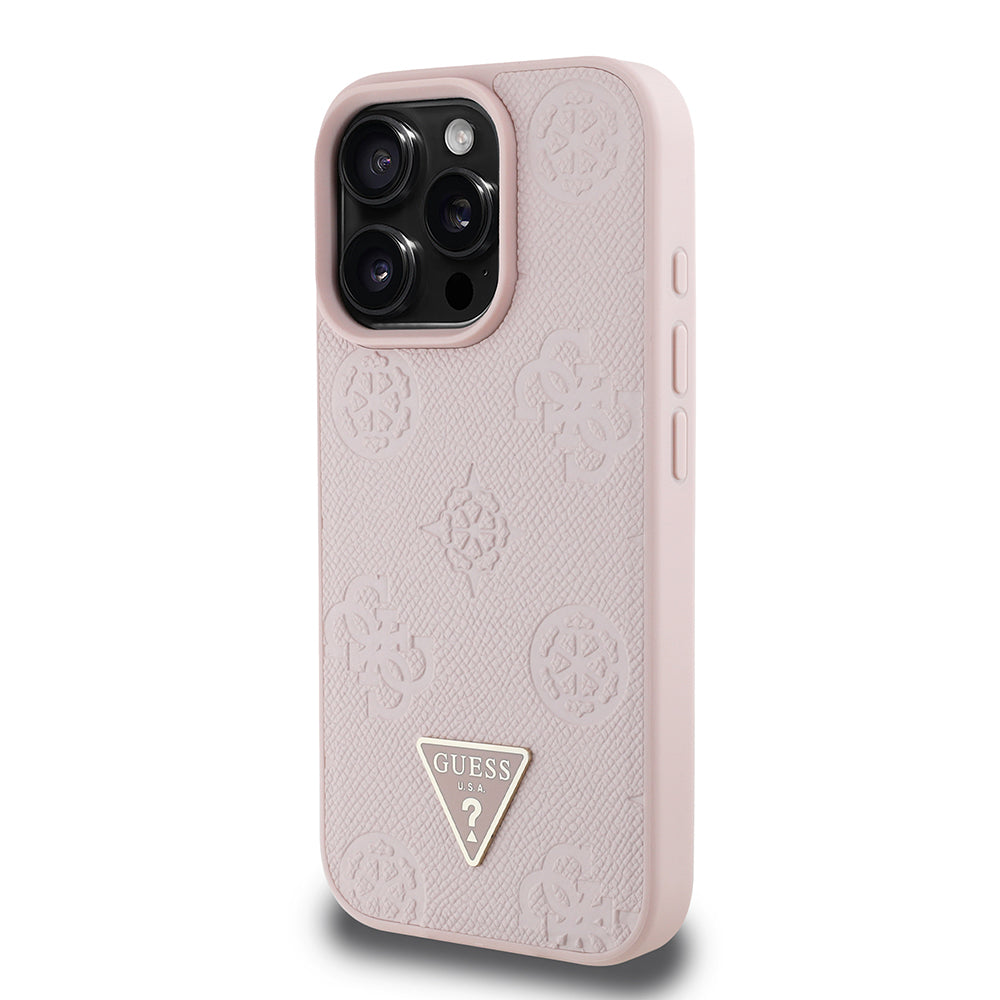 iPhone 16 Pro Kılıf Guess Orijinal Lisanslı M-safe Şarj Özellikli Sıcak Baskılı Üçgen Logolu PU Deri Peony Kılıf