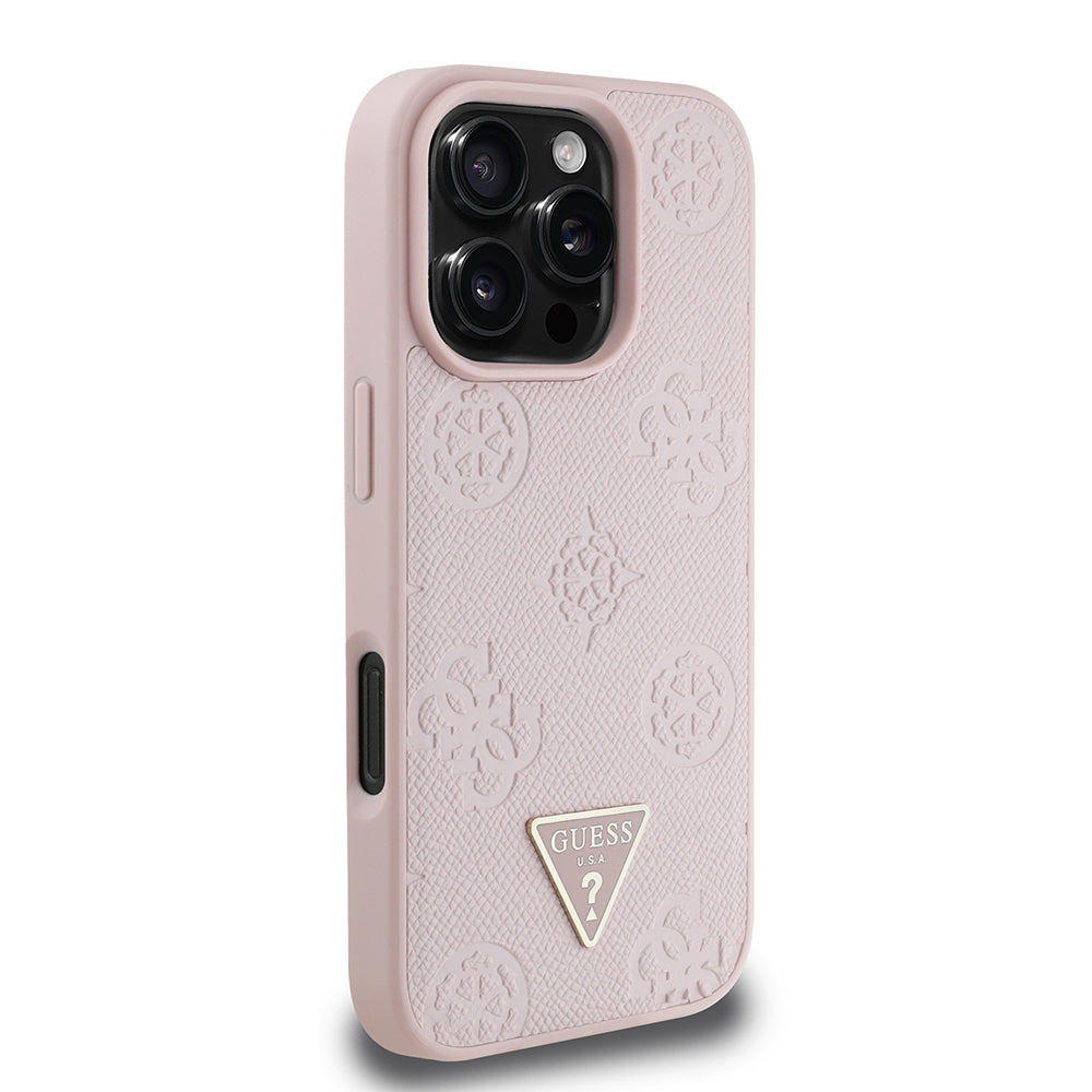 iPhone 16 Pro Kılıf Guess Orijinal Lisanslı M-safe Şarj Özellikli Sıcak Baskılı Üçgen Logolu PU Deri Peony Kılıf
