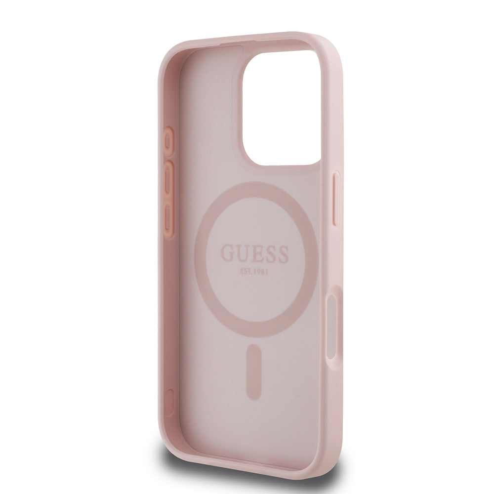 iPhone 16 Pro Kılıf Guess Orijinal Lisanslı M-safe Şarj Özellikli Sıcak Baskılı Üçgen Logolu PU Deri Peony Kılıf