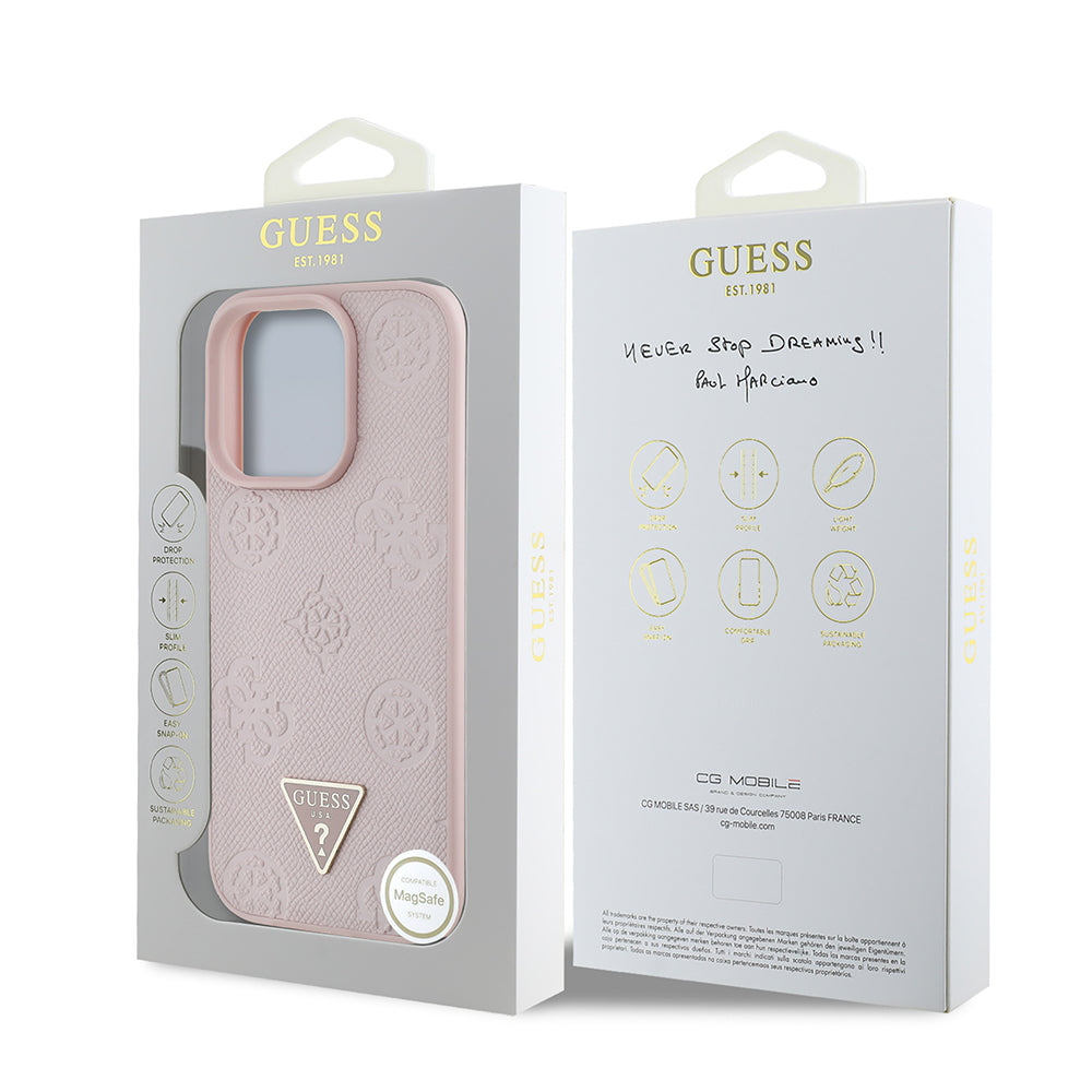 iPhone 16 Pro Kılıf Guess Orijinal Lisanslı M-safe Şarj Özellikli Sıcak Baskılı Üçgen Logolu PU Deri Peony Kılıf