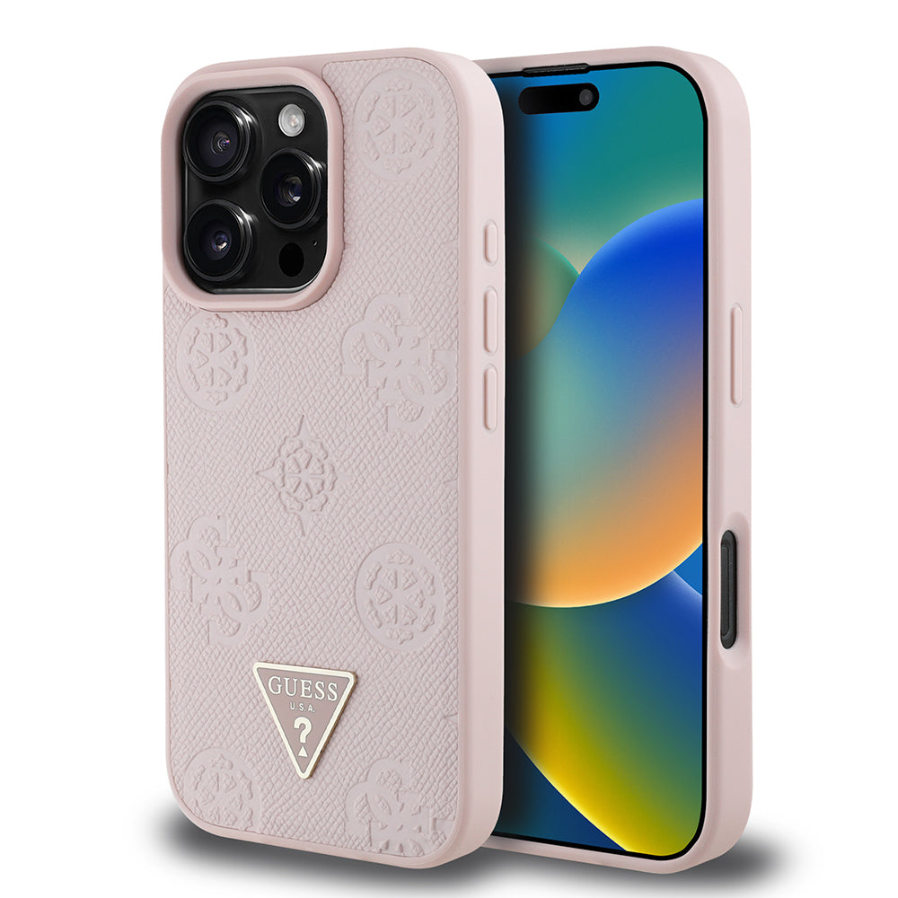 iPhone 16 Pro Kılıf Guess Orijinal Lisanslı M-safe Şarj Özellikli Sıcak Baskılı Üçgen Logolu PU Deri Peony Kılıf