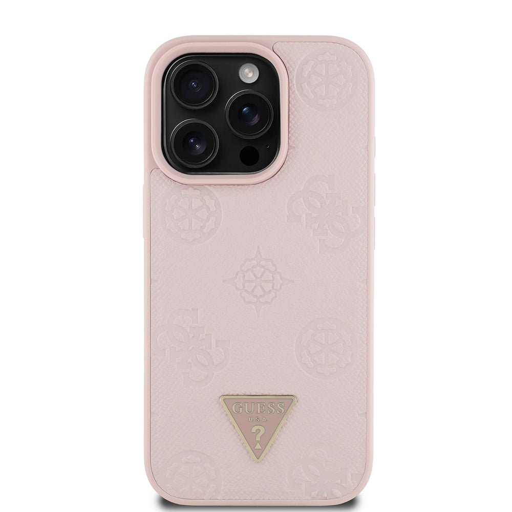 iPhone 16 Pro Kılıf Guess Orijinal Lisanslı M-safe Şarj Özellikli Sıcak Baskılı Üçgen Logolu PU Deri Peony Kılıf