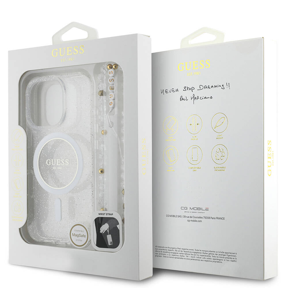 iPhone 16 Pro Kılıf Guess Orijinal Lisanslı M-safe Şarj Özellikli Simli Silikon İnci Bileklikli Kılıf