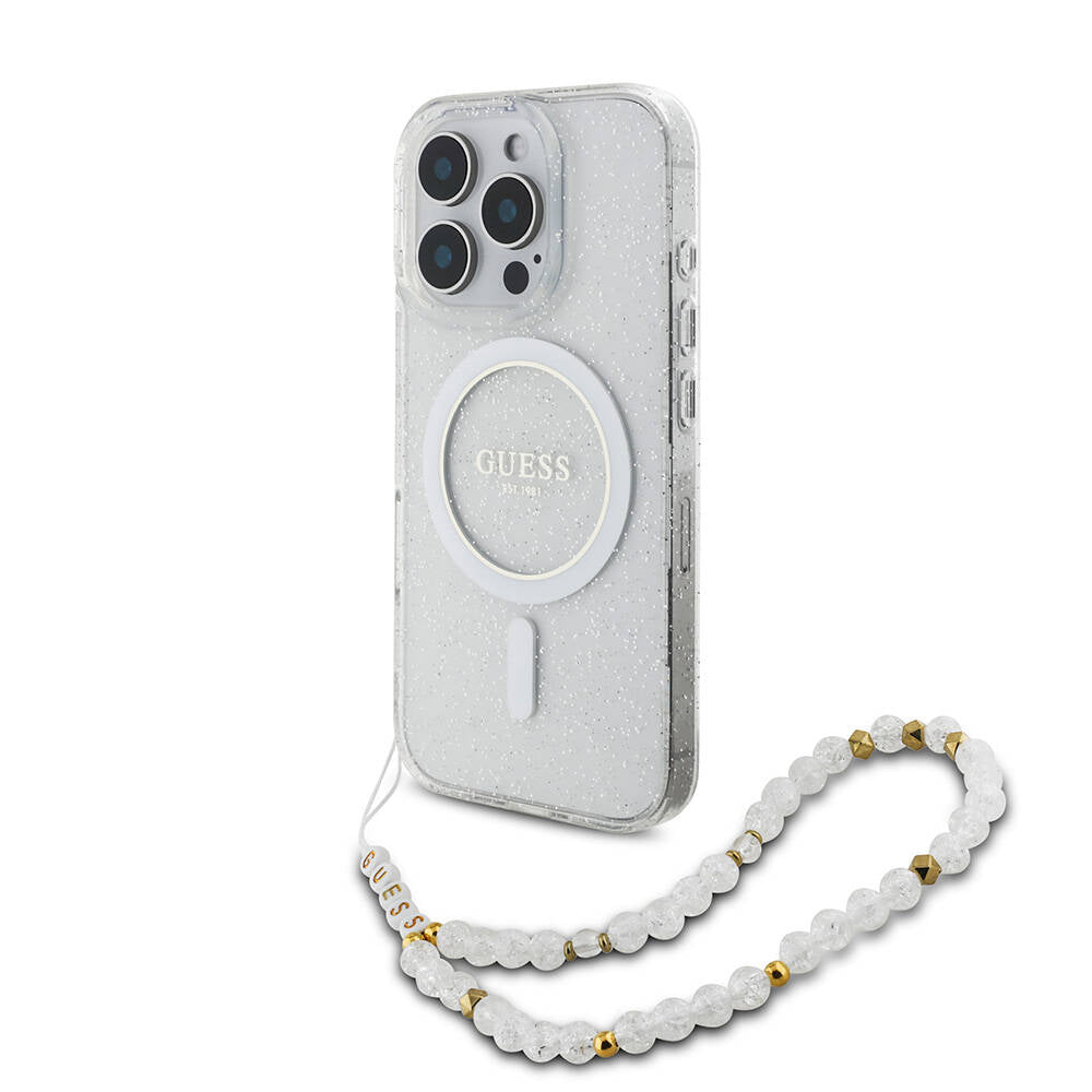 iPhone 16 Pro Kılıf Guess Orijinal Lisanslı M-safe Şarj Özellikli Simli Silikon İnci Bileklikli Kılıf