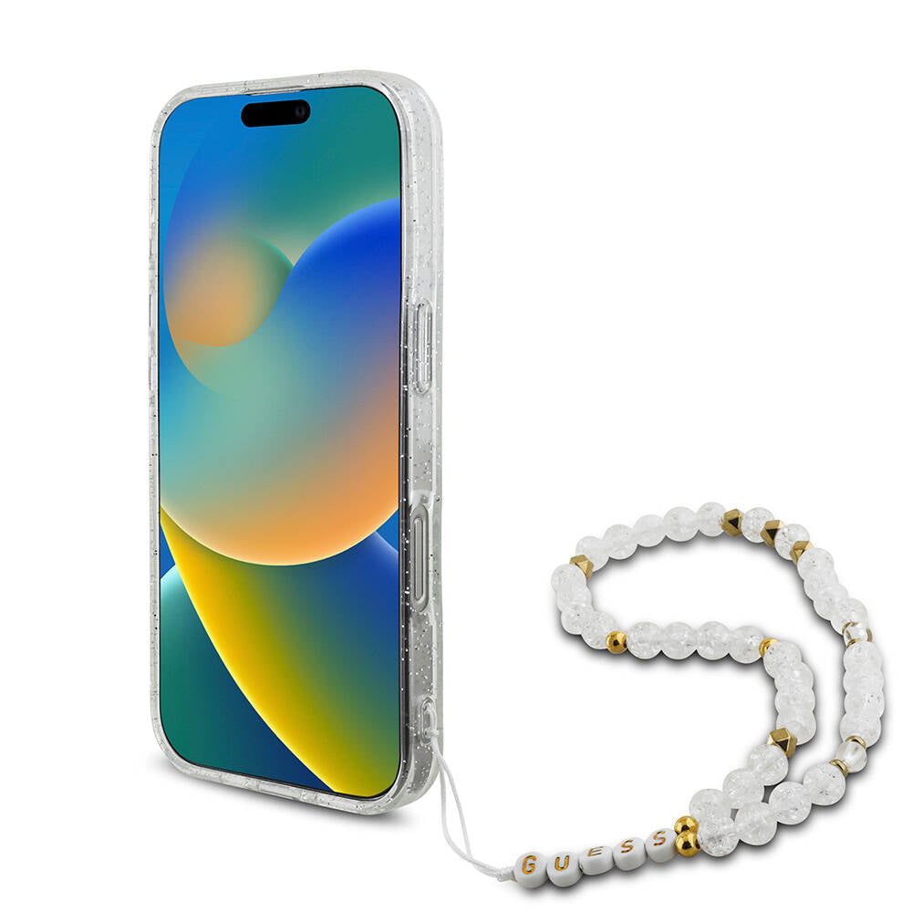 iPhone 16 Pro Kılıf Guess Orijinal Lisanslı M-safe Şarj Özellikli Simli Silikon İnci Bileklikli Kılıf