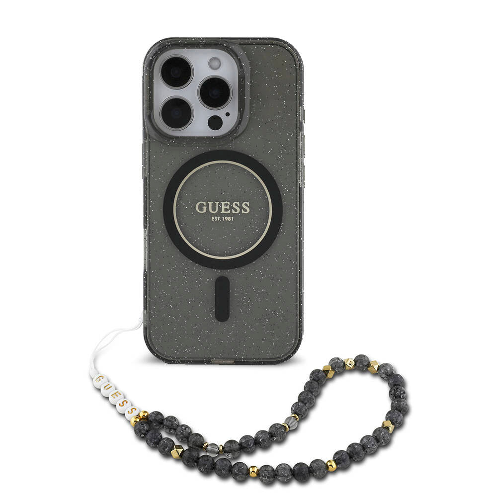 iPhone 16 Pro Kılıf Guess Orijinal Lisanslı M-safe Şarj Özellikli Simli Silikon İnci Bileklikli Kılıf