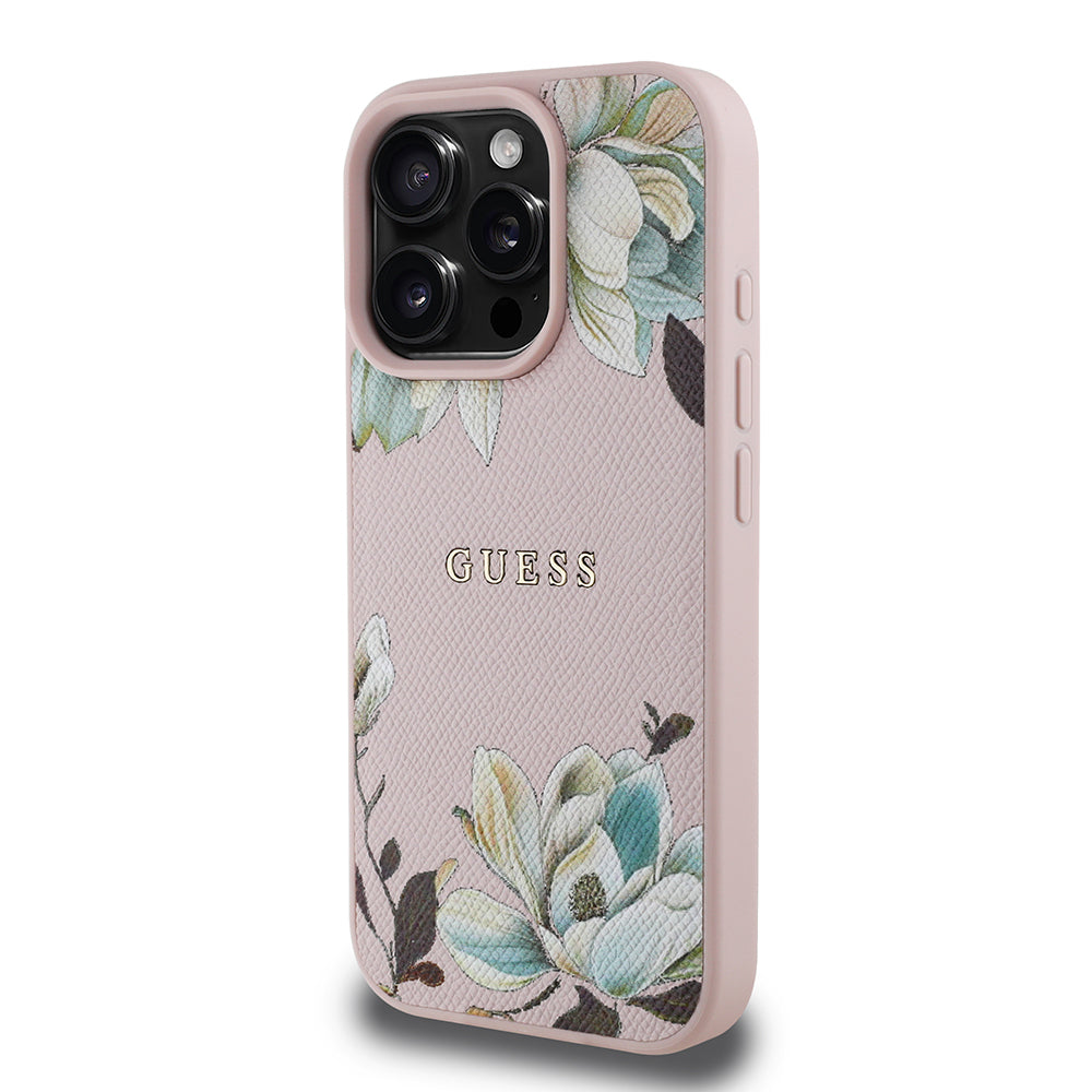 iPhone 16 Pro Kılıf Guess Orijinal Lisanslı M-safe Şarj Özellikli Taneli Çiçek Tasarımlı Metal Yazı Logolu Kılıf