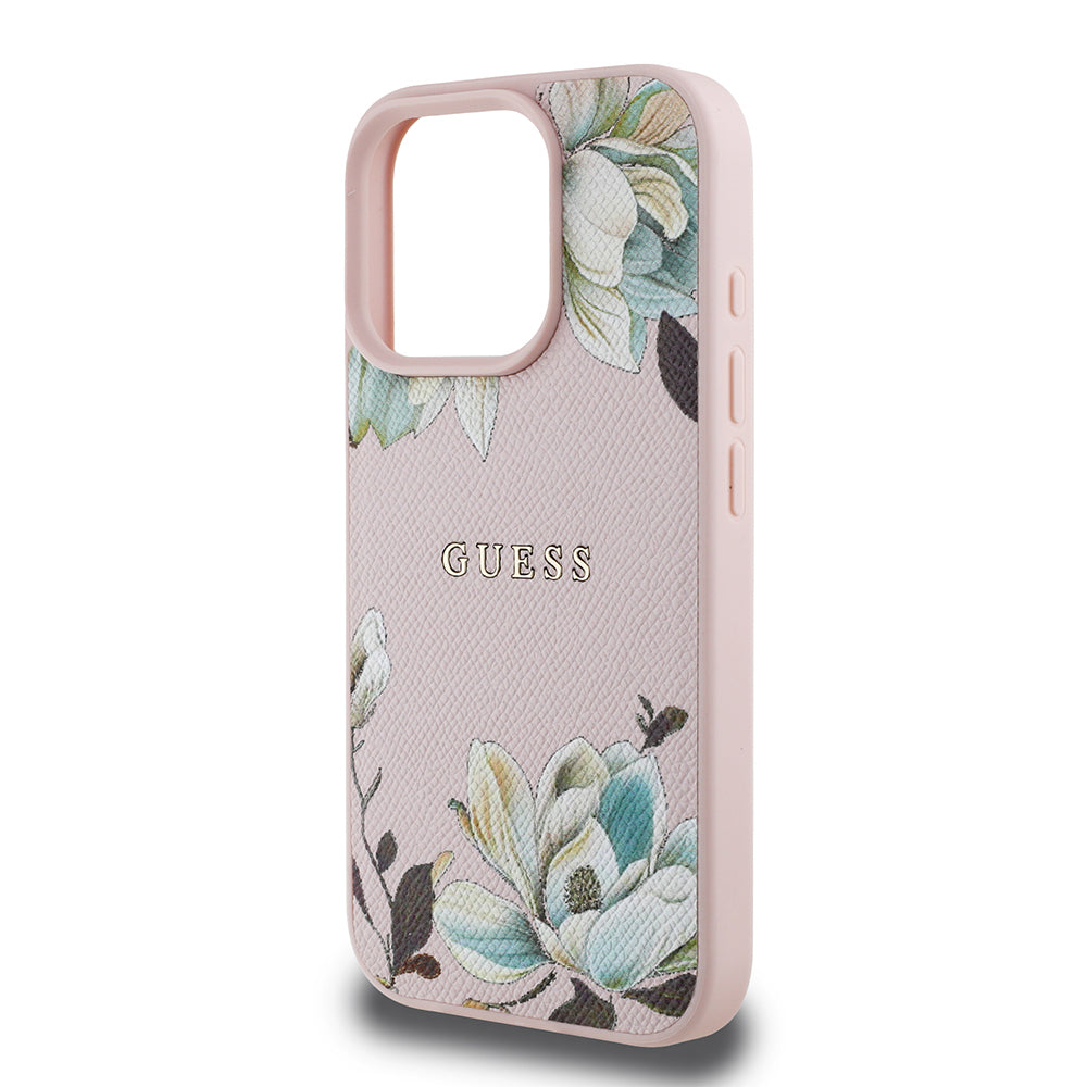 iPhone 16 Pro Kılıf Guess Orijinal Lisanslı M-safe Şarj Özellikli Taneli Çiçek Tasarımlı Metal Yazı Logolu Kılıf