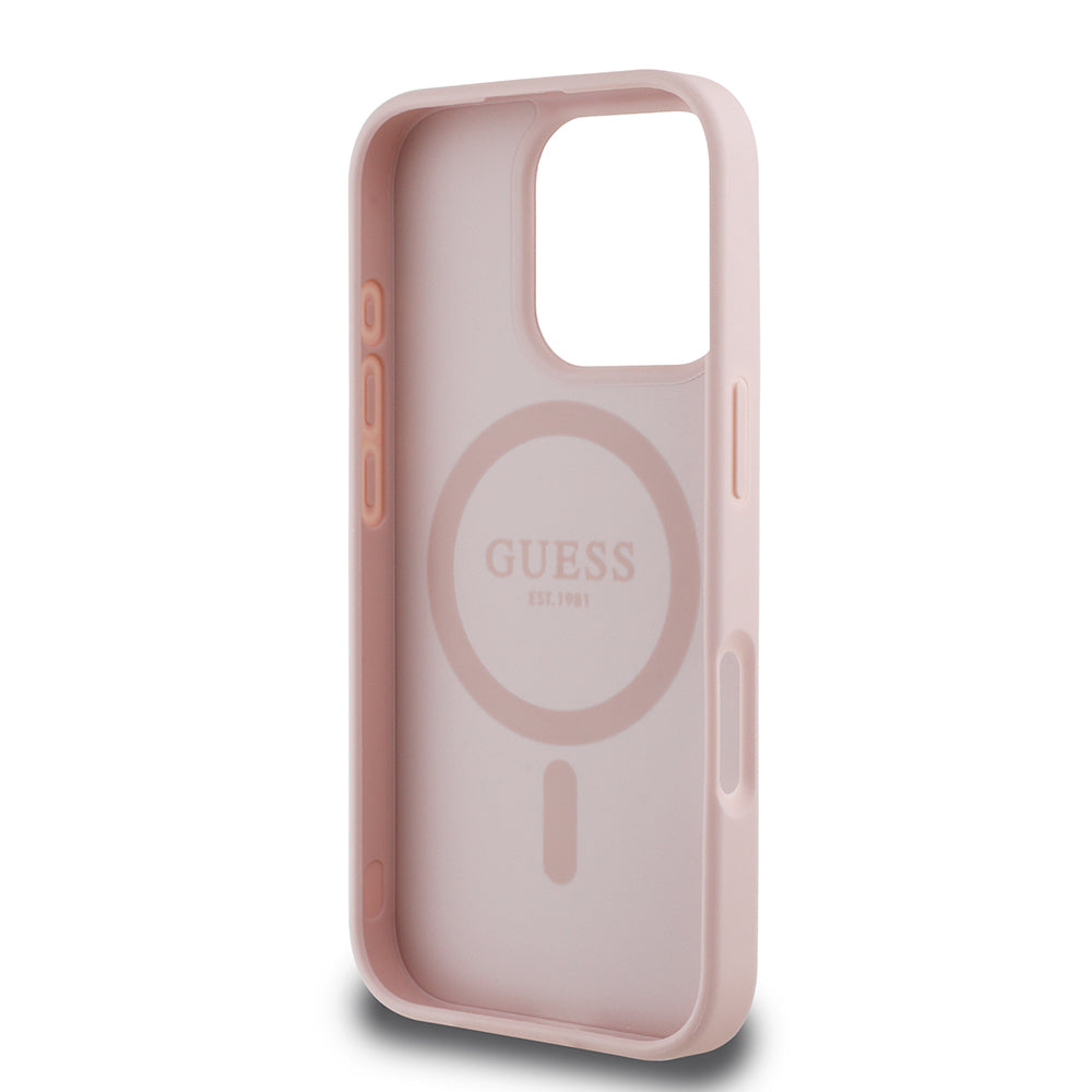 iPhone 16 Pro Kılıf Guess Orijinal Lisanslı M-safe Şarj Özellikli Taneli Çiçek Tasarımlı Metal Yazı Logolu Kılıf