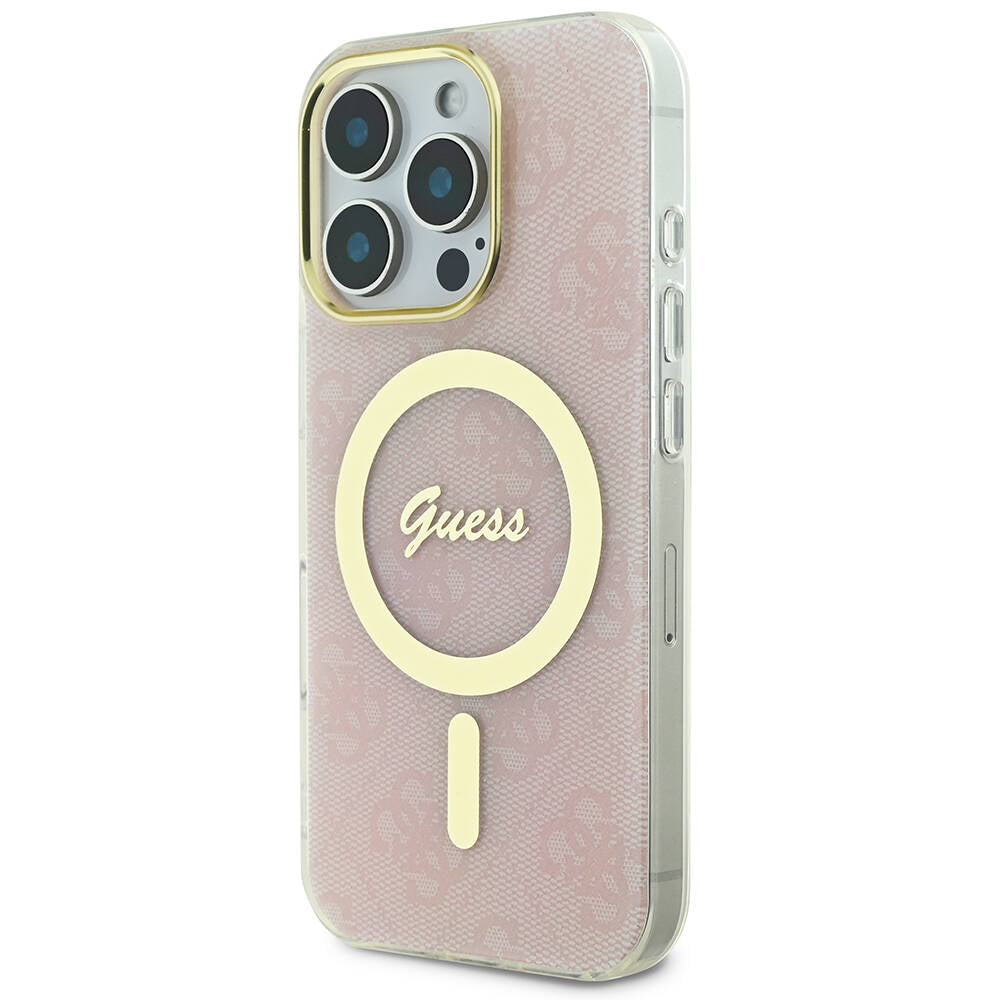 iPhone 16 Pro Kılıf Guess Orijinal Lisanslı M-safe Şarj Özellikli Yazı Logolu 4G Desenli Kılıf