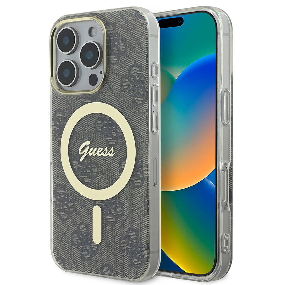 iPhone 16 Pro Kılıf Guess Orijinal Lisanslı M-safe Şarj Özellikli Yazı Logolu 4G Desenli Kılıf