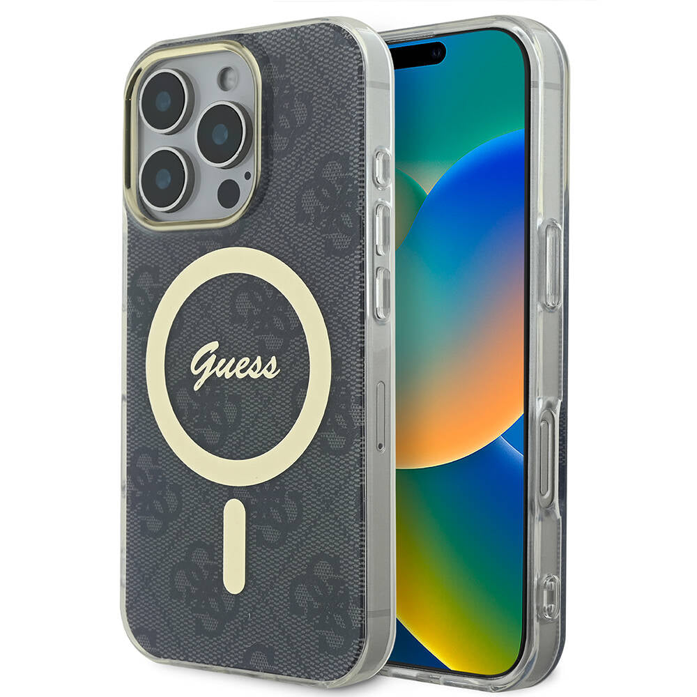 iPhone 16 Pro Kılıf Guess Orijinal Lisanslı M-safe Şarj Özellikli Yazı Logolu 4G Desenli Kılıf