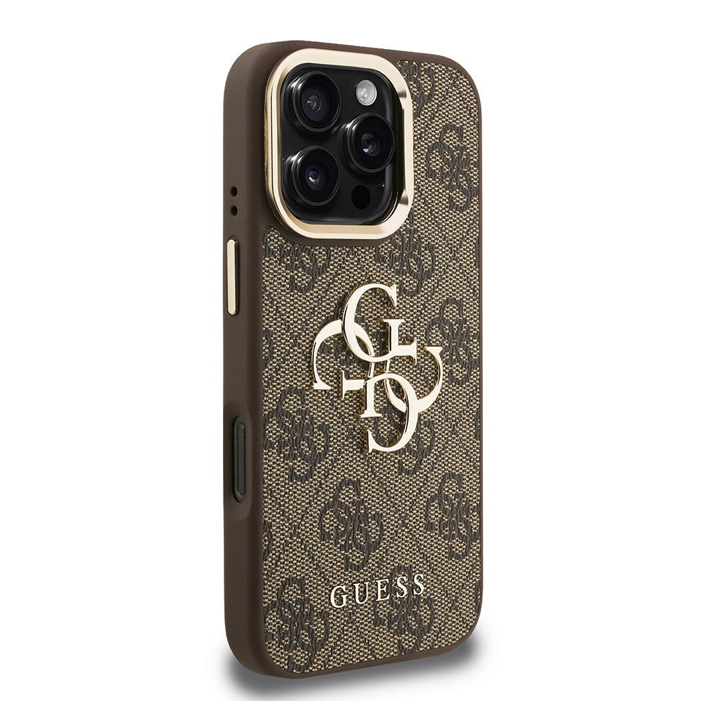 iPhone 16 Pro Kılıf Guess Orijinal Lisanslı PU Deri 4G Desenli Metal Büyük 4G ve Yazı Logolu Kamera Standlı Kılıf