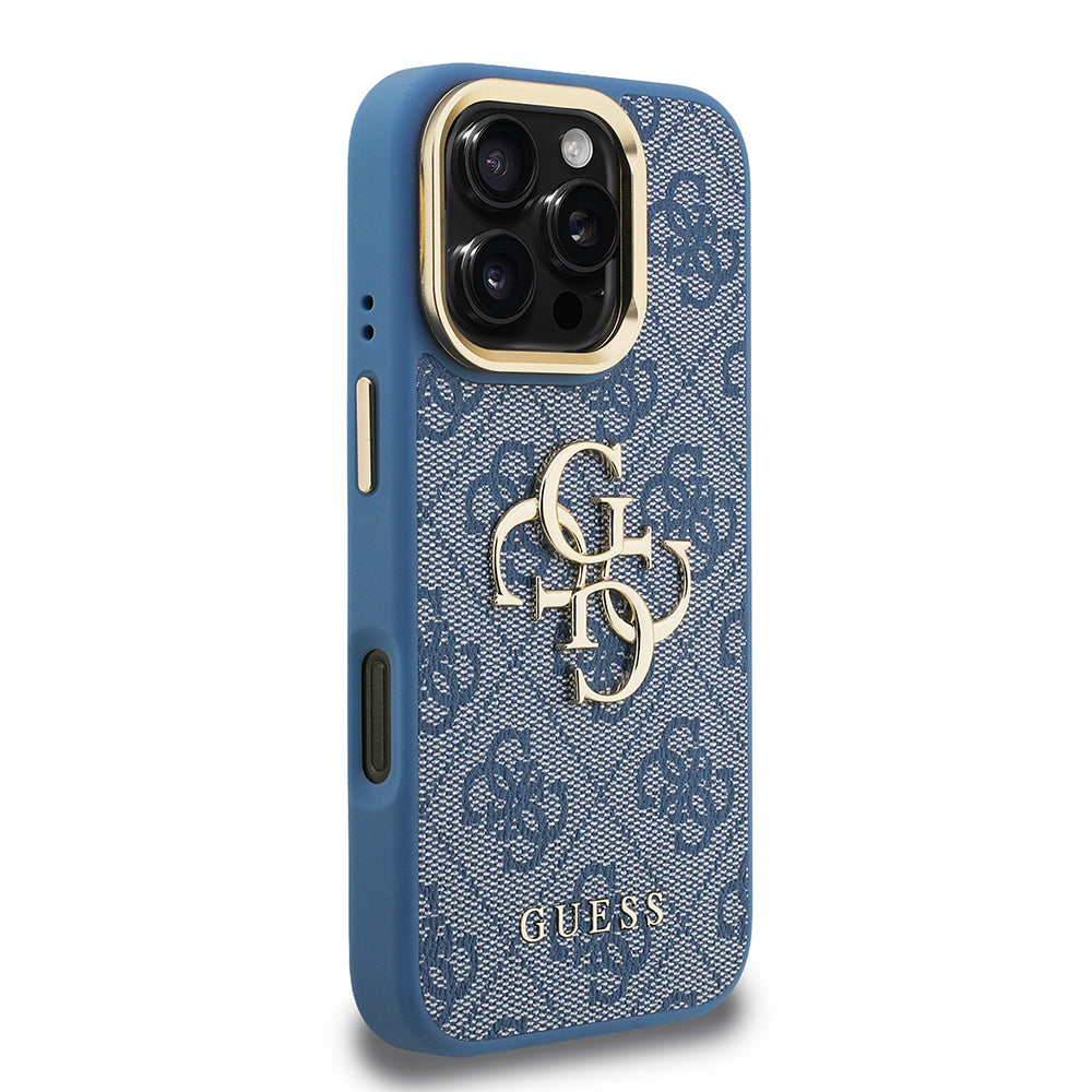 iPhone 16 Pro Kılıf Guess Orijinal Lisanslı PU Deri 4G Desenli Metal Büyük 4G ve Yazı Logolu Kamera Standlı Kılıf