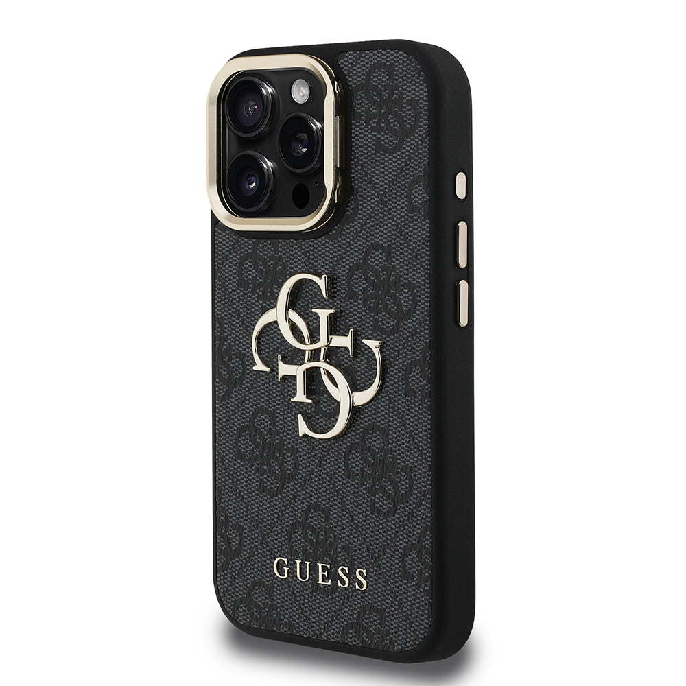 iPhone 16 Pro Kılıf Guess Orijinal Lisanslı PU Deri 4G Desenli Metal Büyük 4G ve Yazı Logolu Kamera Standlı Kılıf