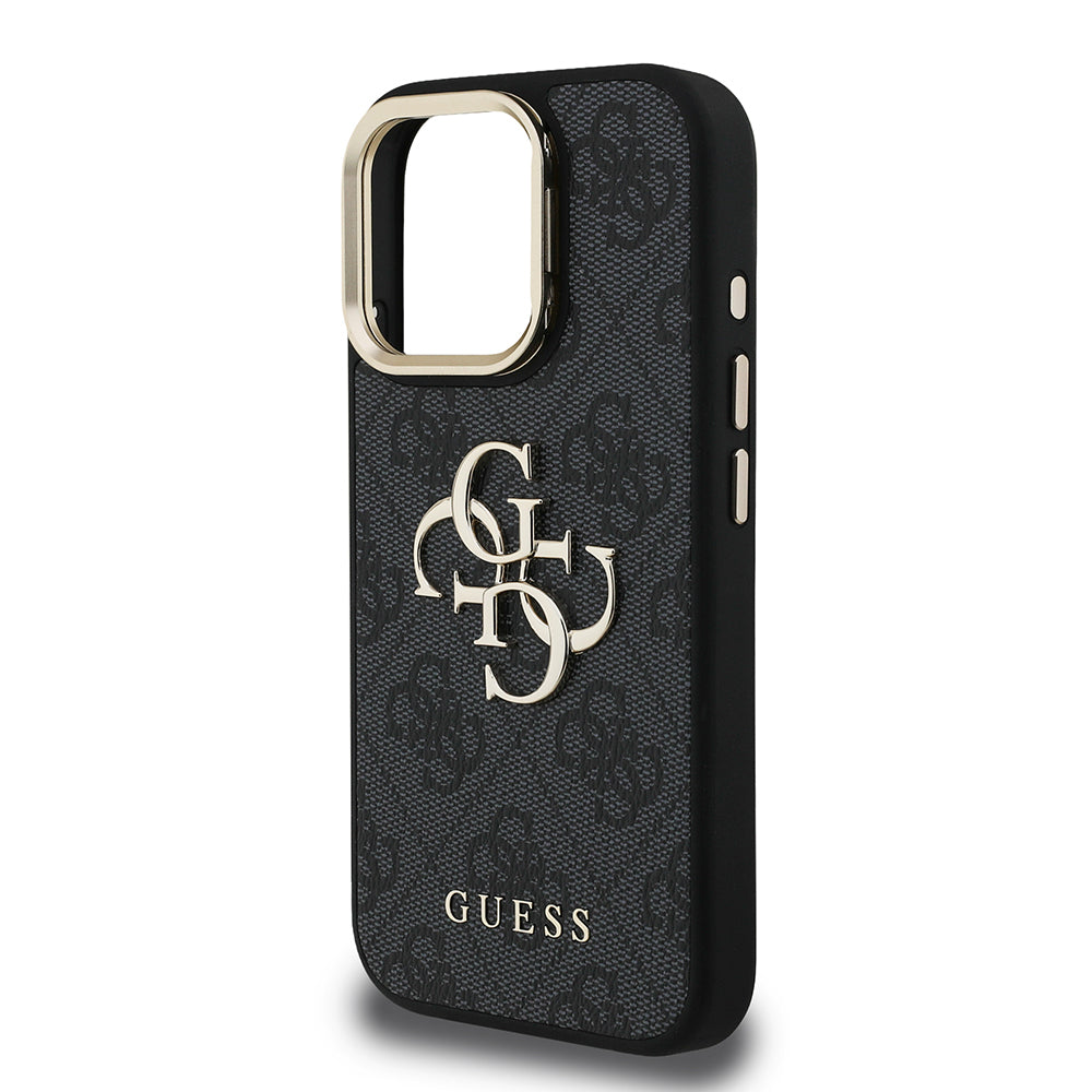 iPhone 16 Pro Kılıf Guess Orijinal Lisanslı PU Deri 4G Desenli Metal Büyük 4G ve Yazı Logolu Kamera Standlı Kılıf