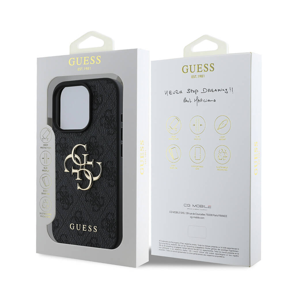 iPhone 16 Pro Kılıf Guess Orijinal Lisanslı PU Deri 4G Desenli Metal Büyük 4G ve Yazı Logolu Kılıf