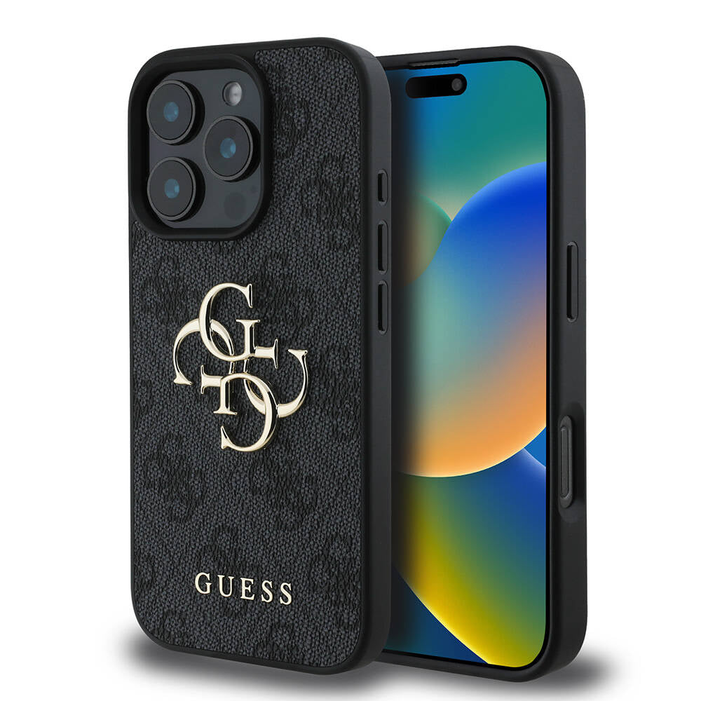 iPhone 16 Pro Kılıf Guess Orijinal Lisanslı PU Deri 4G Desenli Metal Büyük 4G ve Yazı Logolu Kılıf