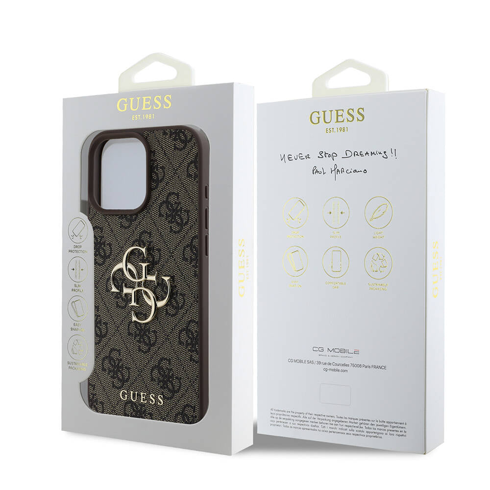 iPhone 16 Pro Kılıf Guess Orijinal Lisanslı PU Deri 4G Desenli Metal Büyük 4G ve Yazı Logolu Kılıf