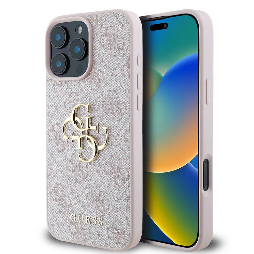 iPhone 16 Pro Kılıf Guess Orijinal Lisanslı PU Deri 4G Desenli Metal Büyük 4G ve Yazı Logolu Kılıf