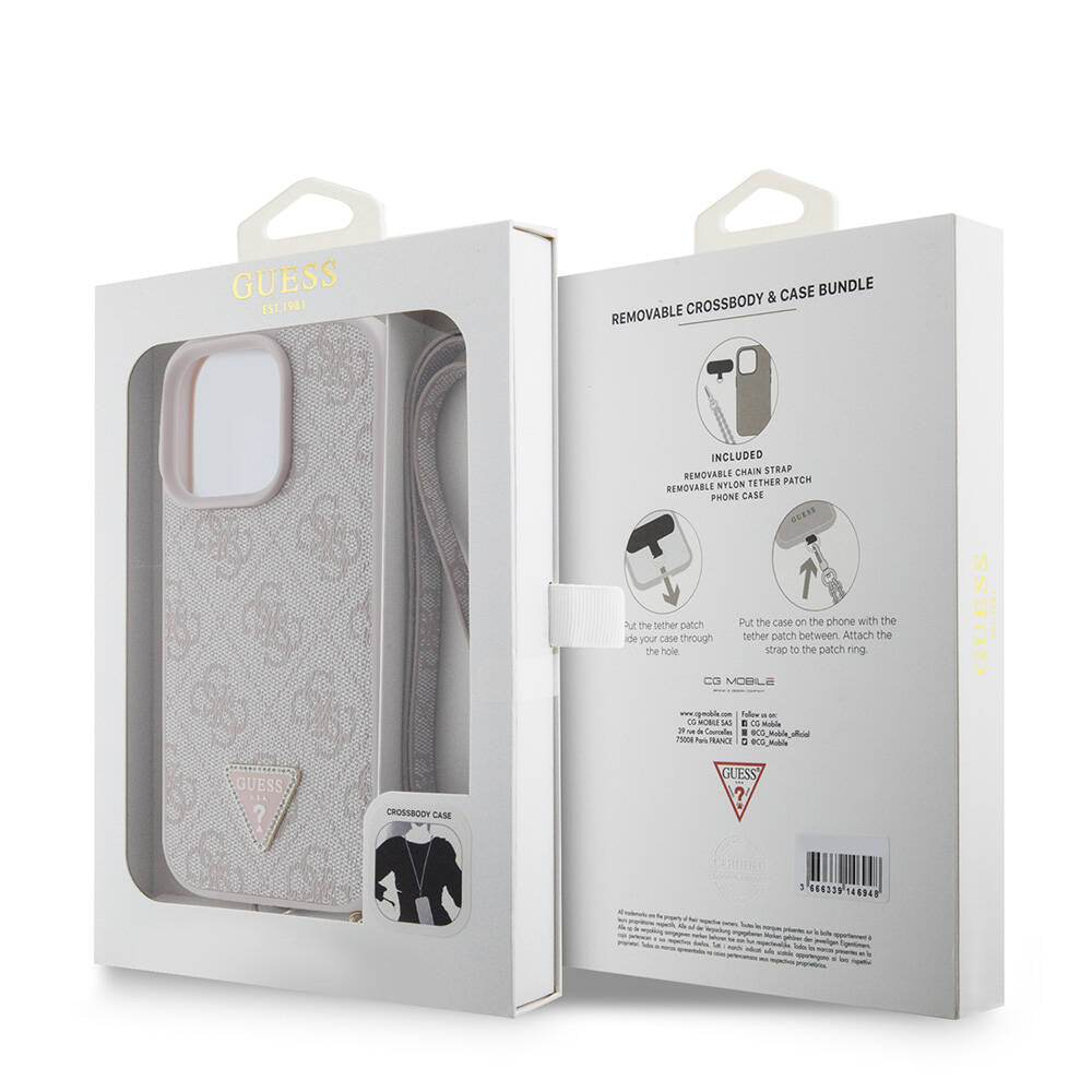 iPhone 16 Pro Kılıf Guess Orijinal Lisanslı PU Deri Taşlı Metal Üçgen Logolu Çapraz Vücut Askılı 4G Desenli Kılıf