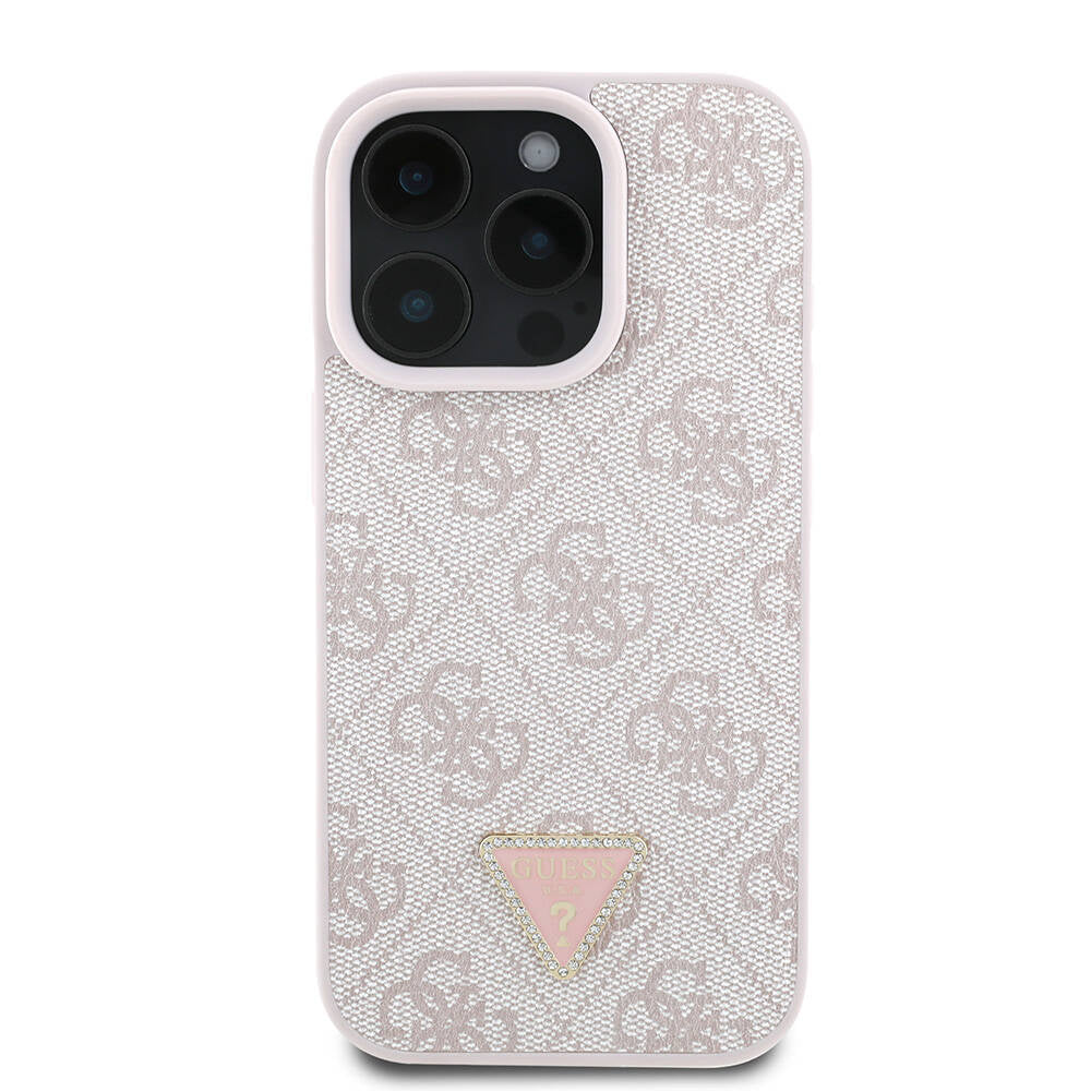 iPhone 16 Pro Kılıf Guess Orijinal Lisanslı PU Deri Taşlı Metal Üçgen Logolu Çapraz Vücut Askılı 4G Desenli Kılıf