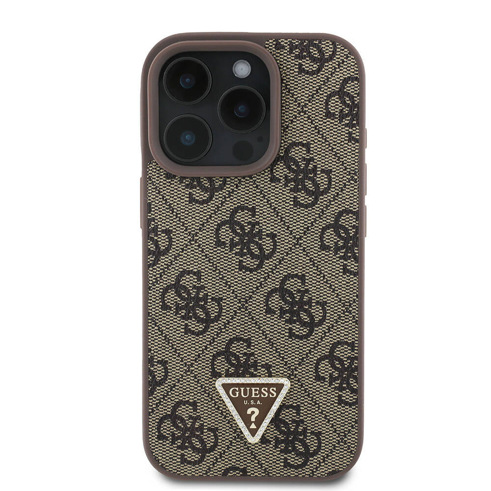 iPhone 16 Pro Kılıf Guess Orijinal Lisanslı PU Deri Taşlı Metal Üçgen Logolu Çapraz Vücut Askılı 4G Desenli Kılıf