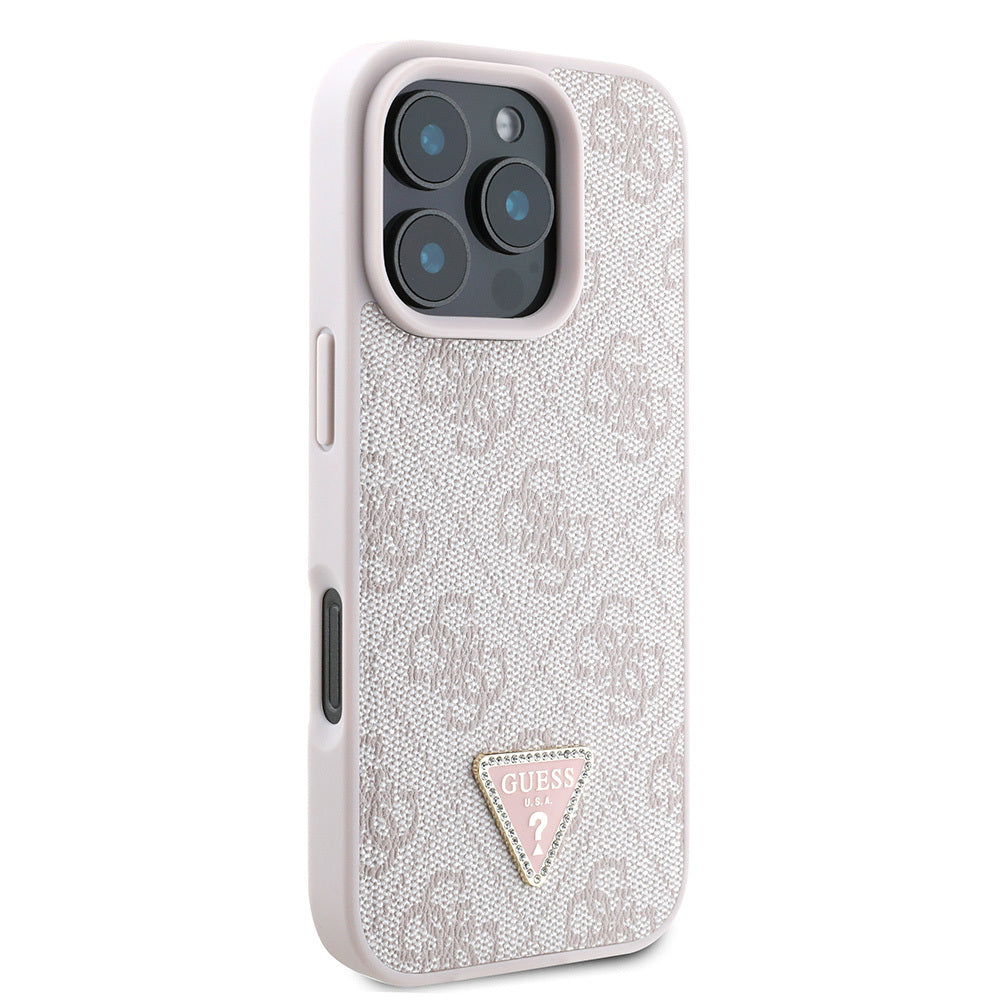 iPhone 16 Pro Kılıf Guess Orijinal Lisanslı PU Deri Taşlı Üçgen Logo 4G Desenli Strass Kılıf