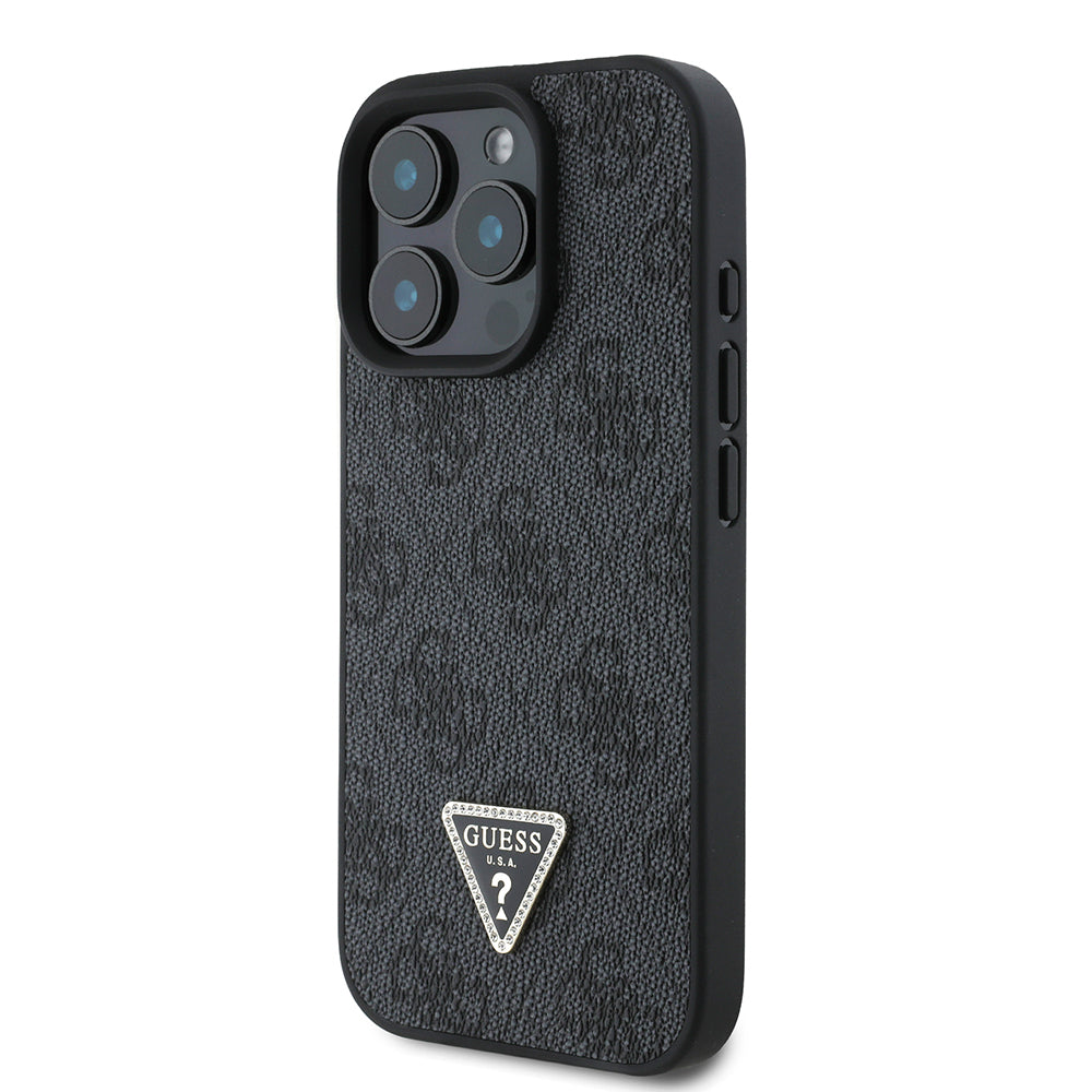 iPhone 16 Pro Kılıf Guess Orijinal Lisanslı PU Deri Taşlı Üçgen Logo 4G Desenli Strass Kılıf