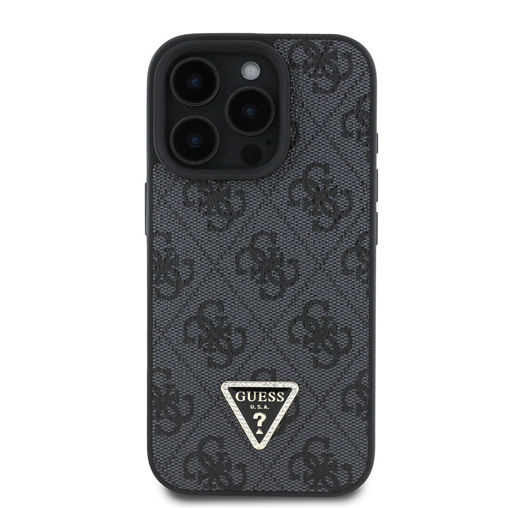 iPhone 16 Pro Kılıf Guess Orijinal Lisanslı PU Deri Taşlı Üçgen Logo 4G Desenli Strass Kılıf