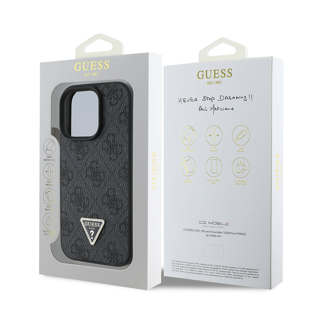 iPhone 16 Pro Kılıf Guess Orijinal Lisanslı PU Deri Taşlı Üçgen Logo 4G Desenli Strass Kılıf